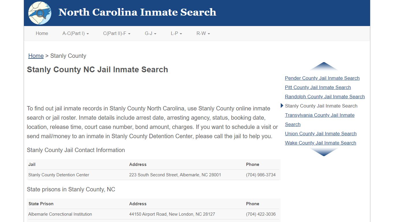 Stanly County NC Jail Inmate Search